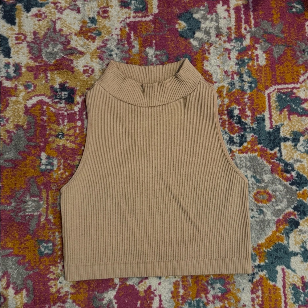 Sleeveless Turtleneck Tan Ribbed Top